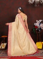 Lorenvalley Fashion Cream Soft Katan Silk Woven Design Zari Weaving Pallu Saree | Grocsy