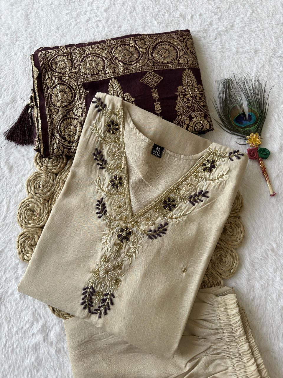 Lorenvalley Fashion Cream Roman Silk Hand Work Kurta Pant with Dupatta | Grocsy