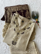 Lorenvalley Fashion Cream Roman Silk Hand Work Kurta Pant with Dupatta | Grocsy
