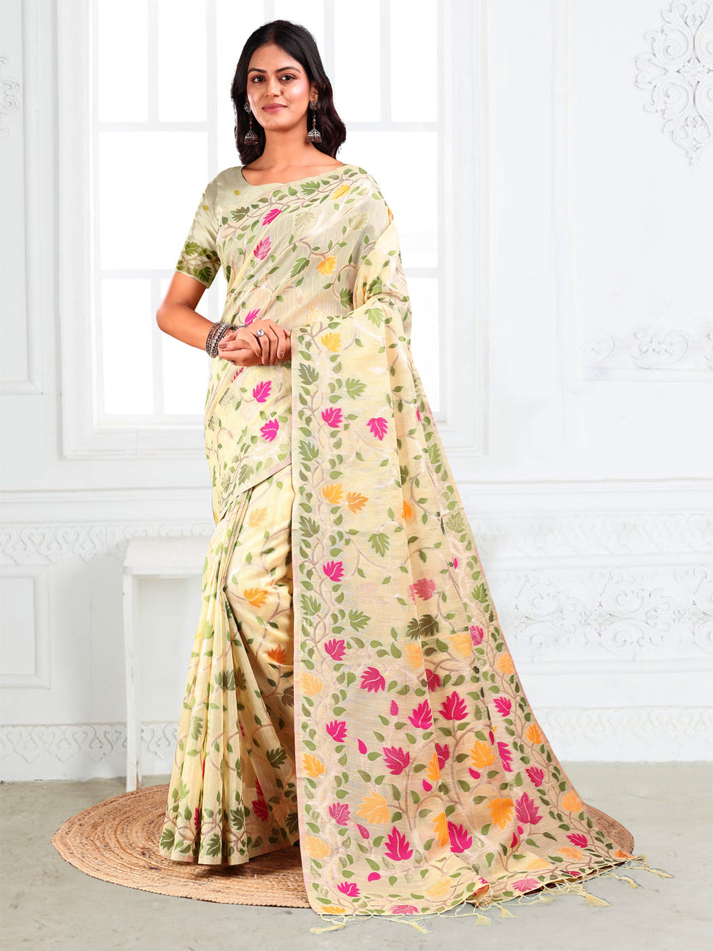 Anaita Cream Linen Printed Saree With Blouse | Grocsy