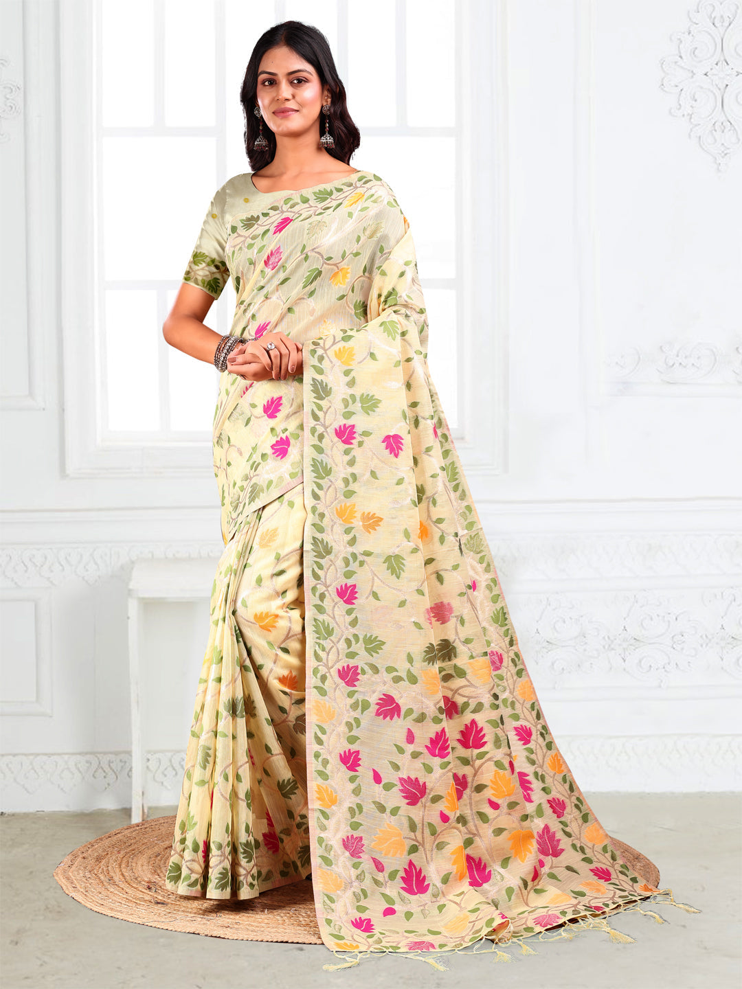 Anaita Cream Linen Printed Saree With Blouse | Grocsy