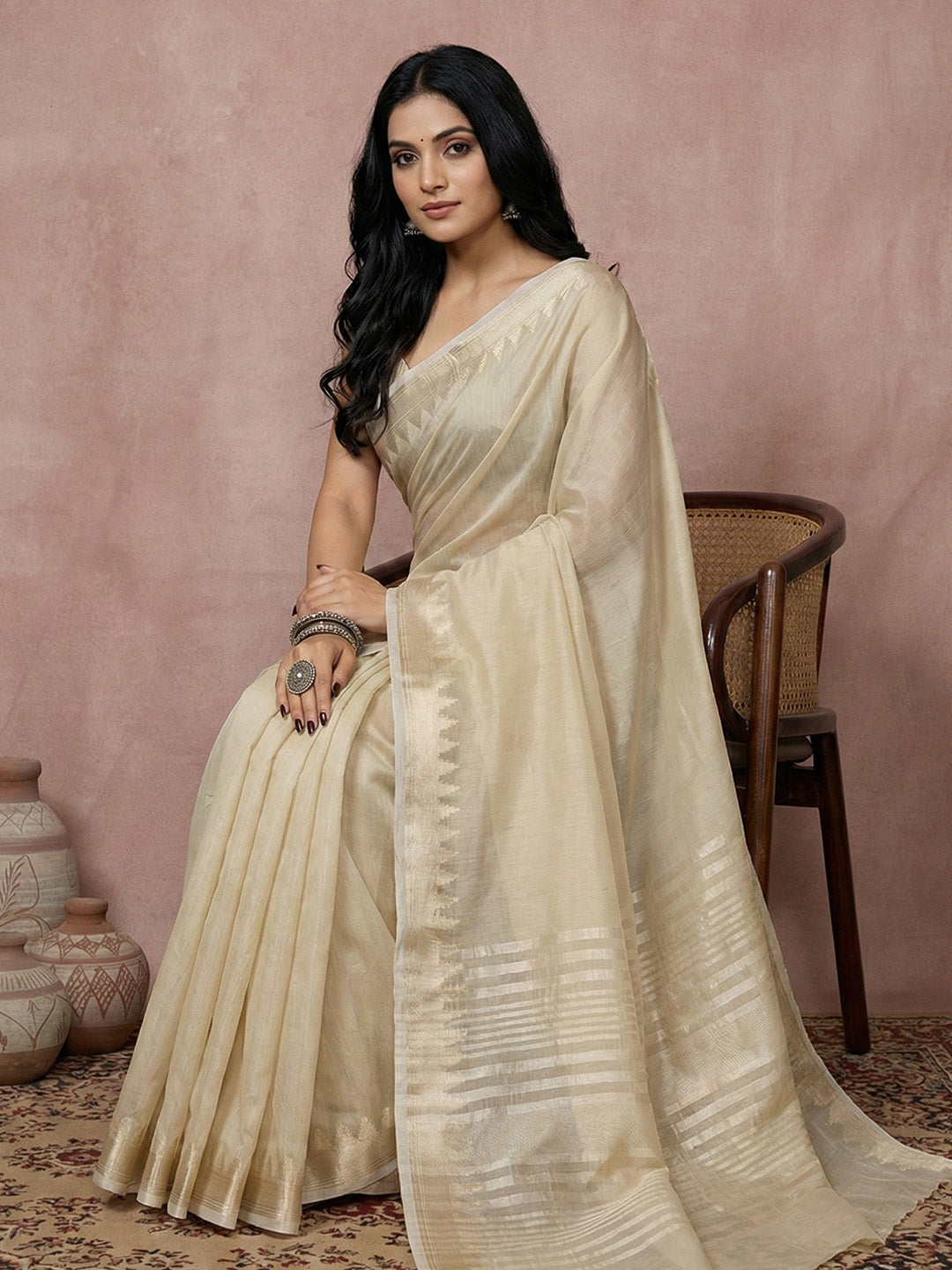 Anaita Cream Cotton Saree With Blouse | Grocsy