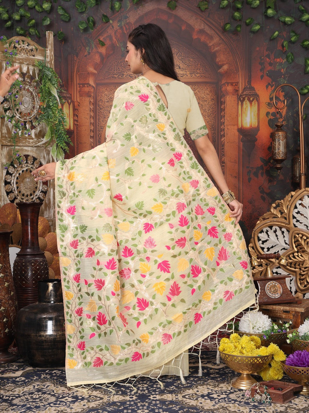 Anaita Cream Linen Printed Saree With Blouse | Grocsy
