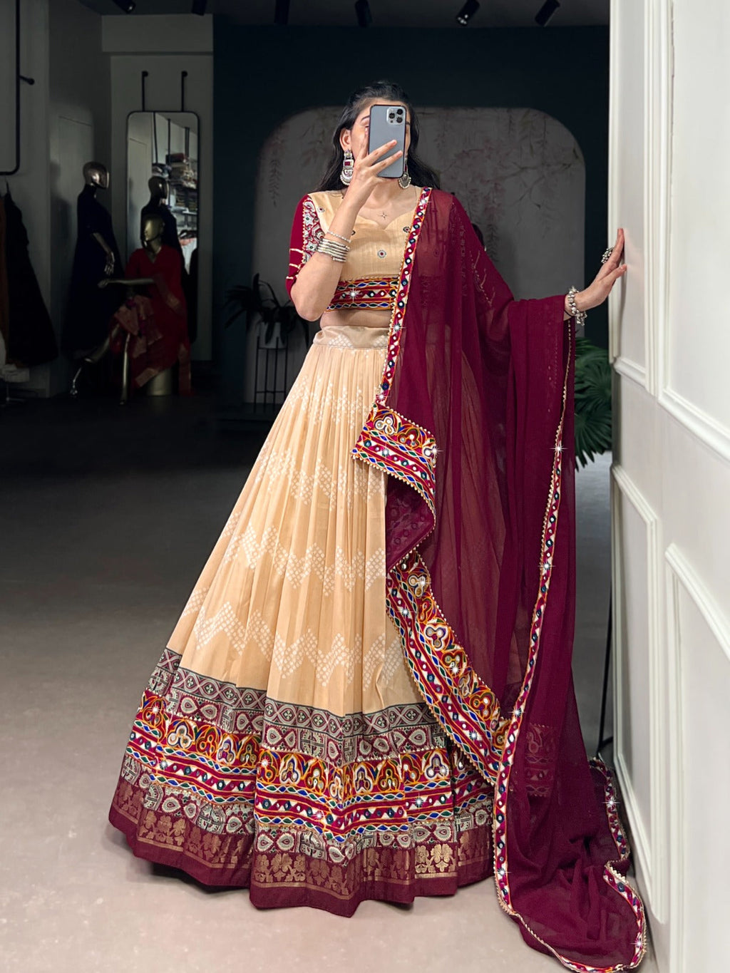 Lorenvalley Fashion Cream Tasar Silk Print with Foil Work and Real Mirror Gamthi Work with Lace Touch Up Lehenga Choli with Dupatta | Grocsy