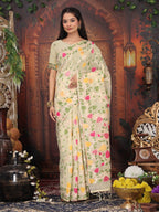 Anaita Cream Linen Printed Saree With Blouse | Grocsy