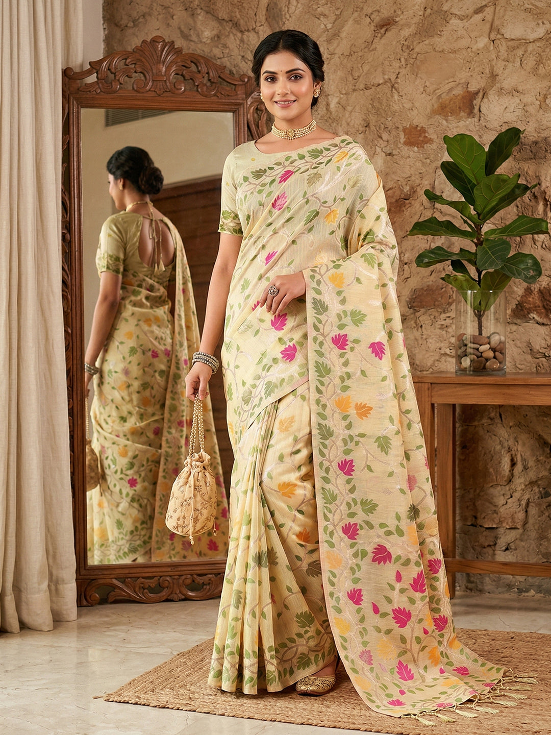 Anaita Cream Linen Woven Work Saree With Blouse | Grocsy