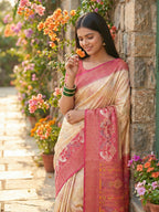 Anaita Cream Pochampally Printed Saree With Blouse | Grocsy