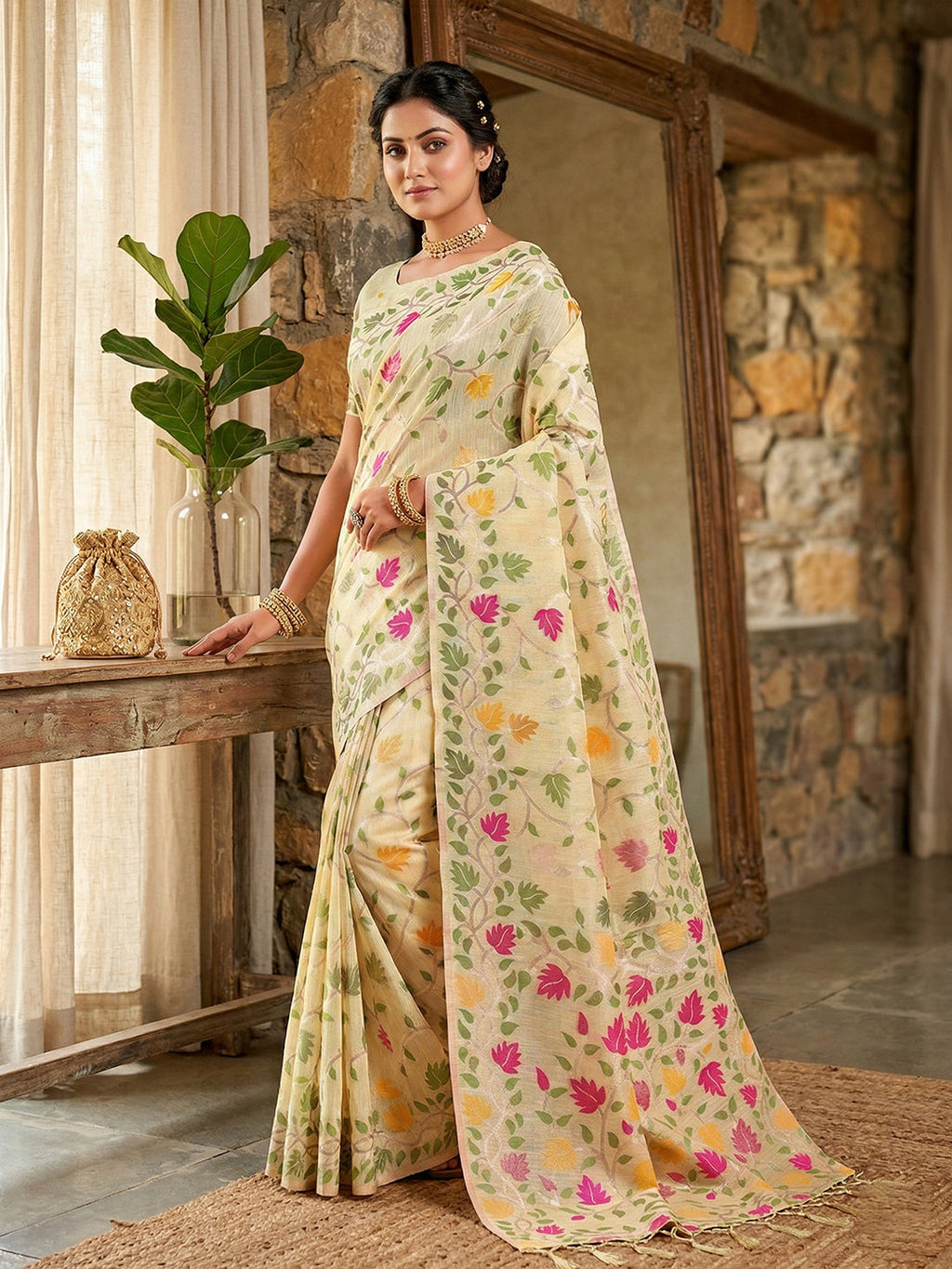 Anaita Cream Linen Woven Work Saree With Blouse | Grocsy