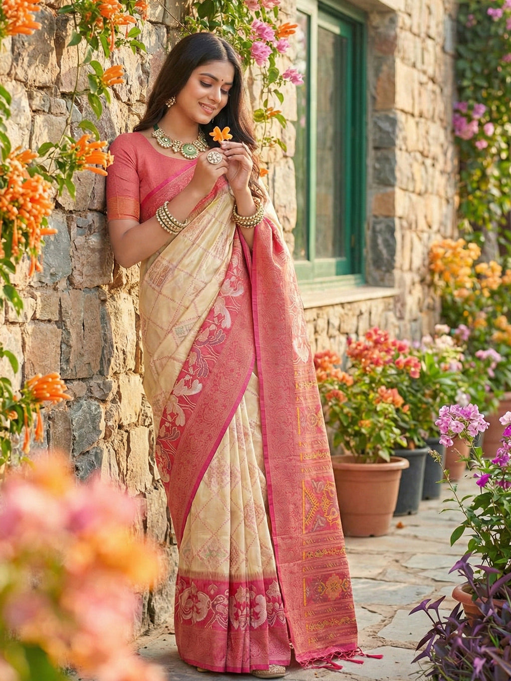Anaita Cream Pochampally Printed Saree With Blouse | Grocsy