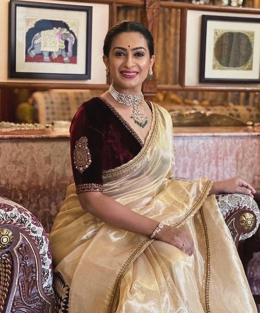 Evanik Cream Crush Tissue Silk Saree with Velvet Embroidery Stitched Blouse | Grocsy