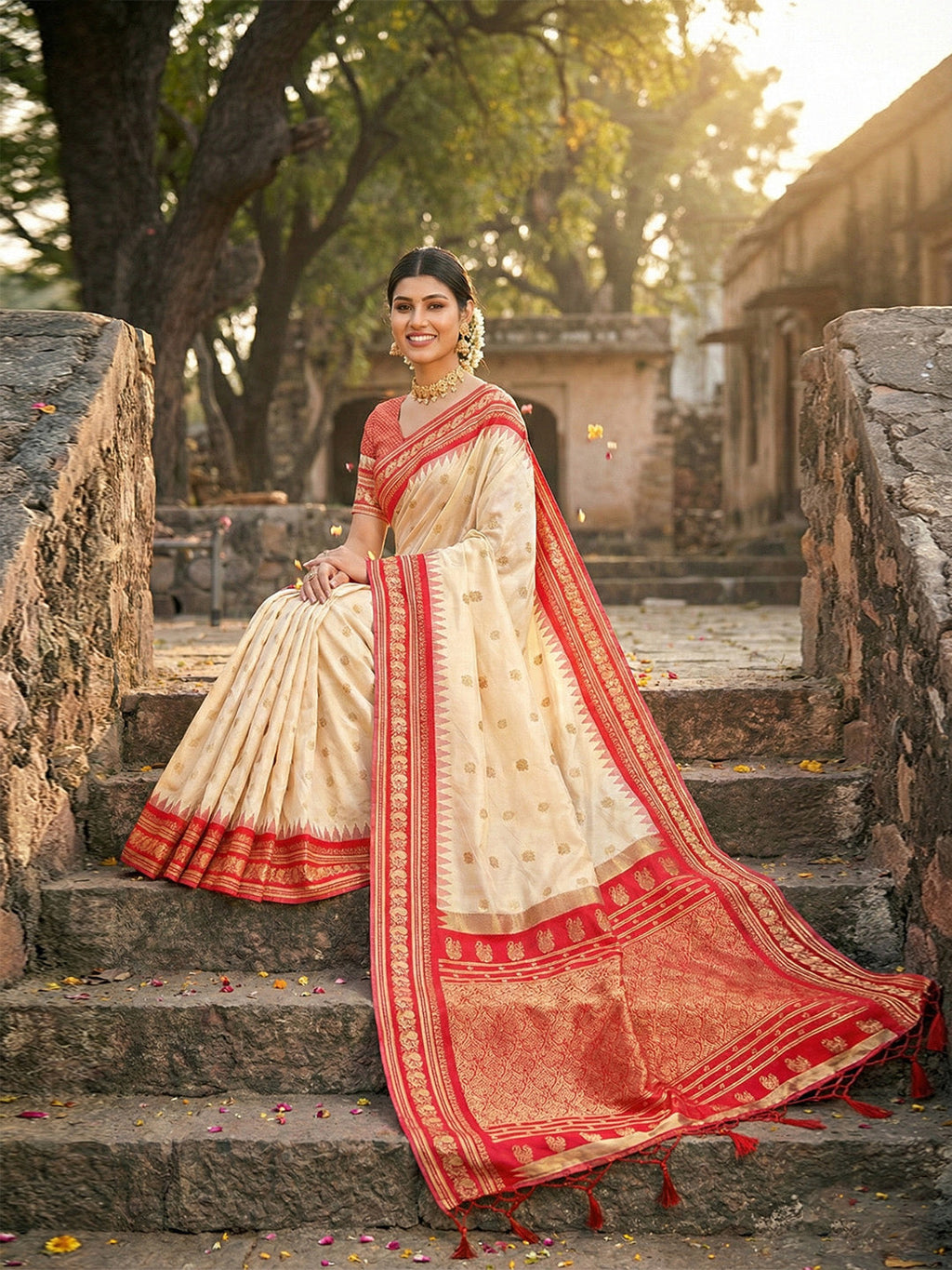 Anaita Cream Silk Woven Saree With Blouse | Grocsy