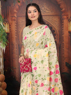 Anaita Cream Linen Printed Saree With Blouse | Grocsy