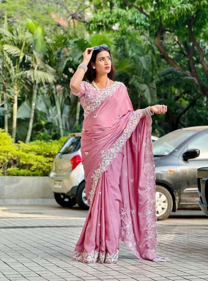 Teeya Creation New Womens Trendy Stylish Embroidered Work Saree-Beige | Grocsy