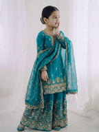 Teeya Creation Girls Heavy Embroidery Turquoise Ethnic Kurta And Palazzo Set With Net Dupatta | Grocsy