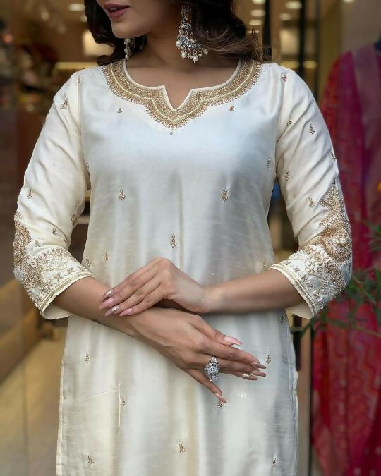 The52 White Beautiful Embroidered Viscose Chanderi Fabric Straight Kurta Pant with Dupatta Set | Grocsy