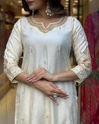 The52 White Beautiful Embroidered Viscose Chanderi Fabric Straight Kurta Pant with Dupatta Set | Grocsy