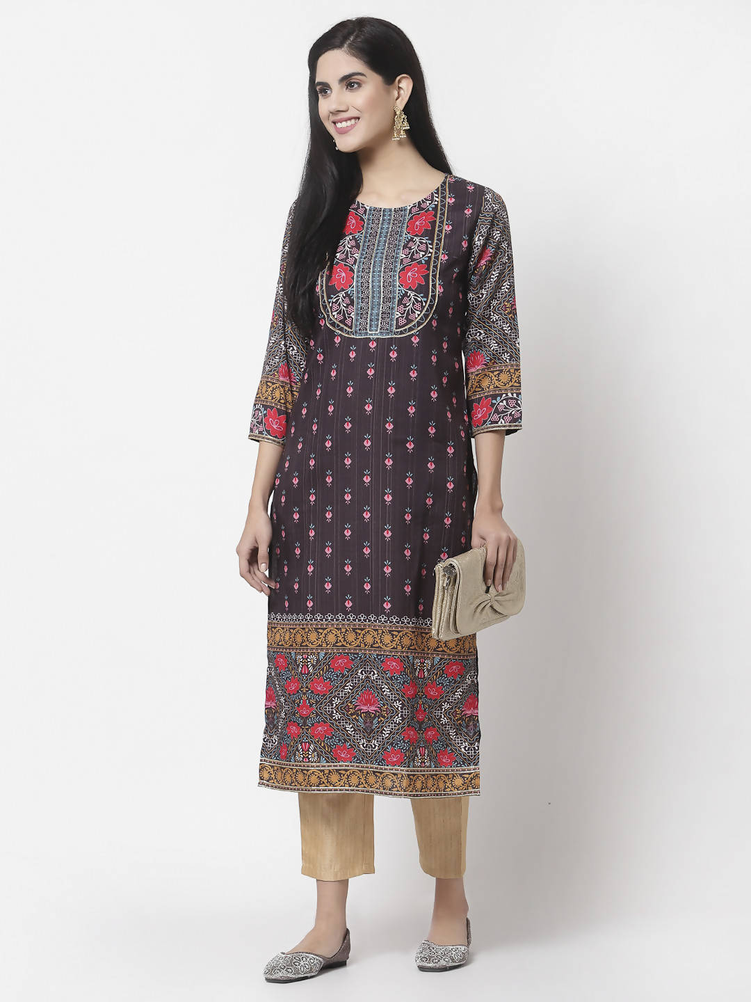 Myshka Women Multicolor Cotton Blend Printed 3/4 Sleeve Round Neck Kurta | Grocsy