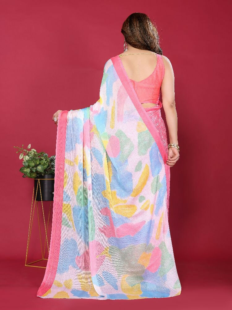PR Fashion Pink Moss Chiffon Printed Saree | Grocsy