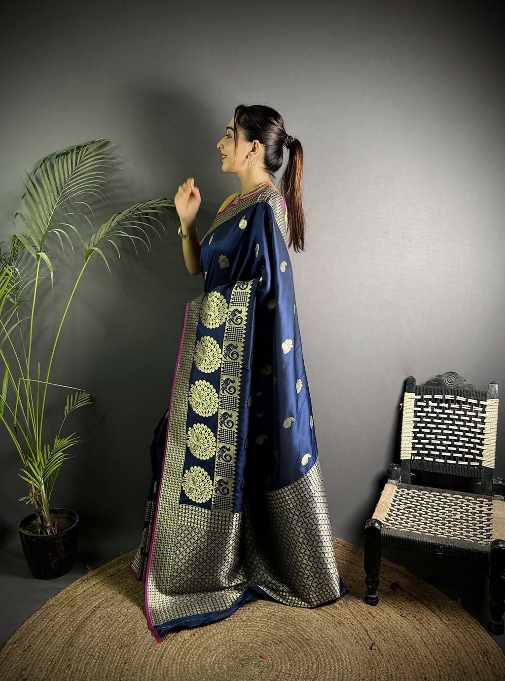 Joban Fashion Navy Blue Banarasi Soft Lichi Silk Paisley Saree | Grocsy