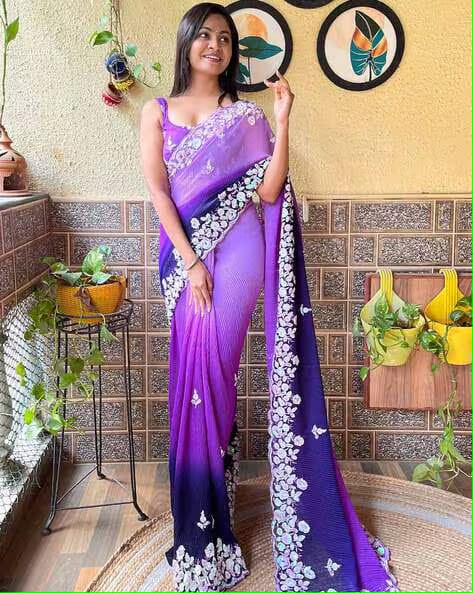 Vamika Embroidery Purple Georgette Bollywood Saree | Grocsy