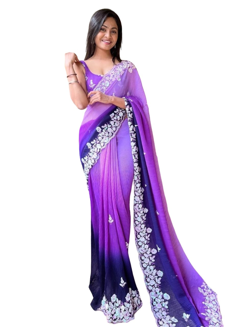 Vamika Embroidery Purple Georgette Bollywood Saree | Grocsy