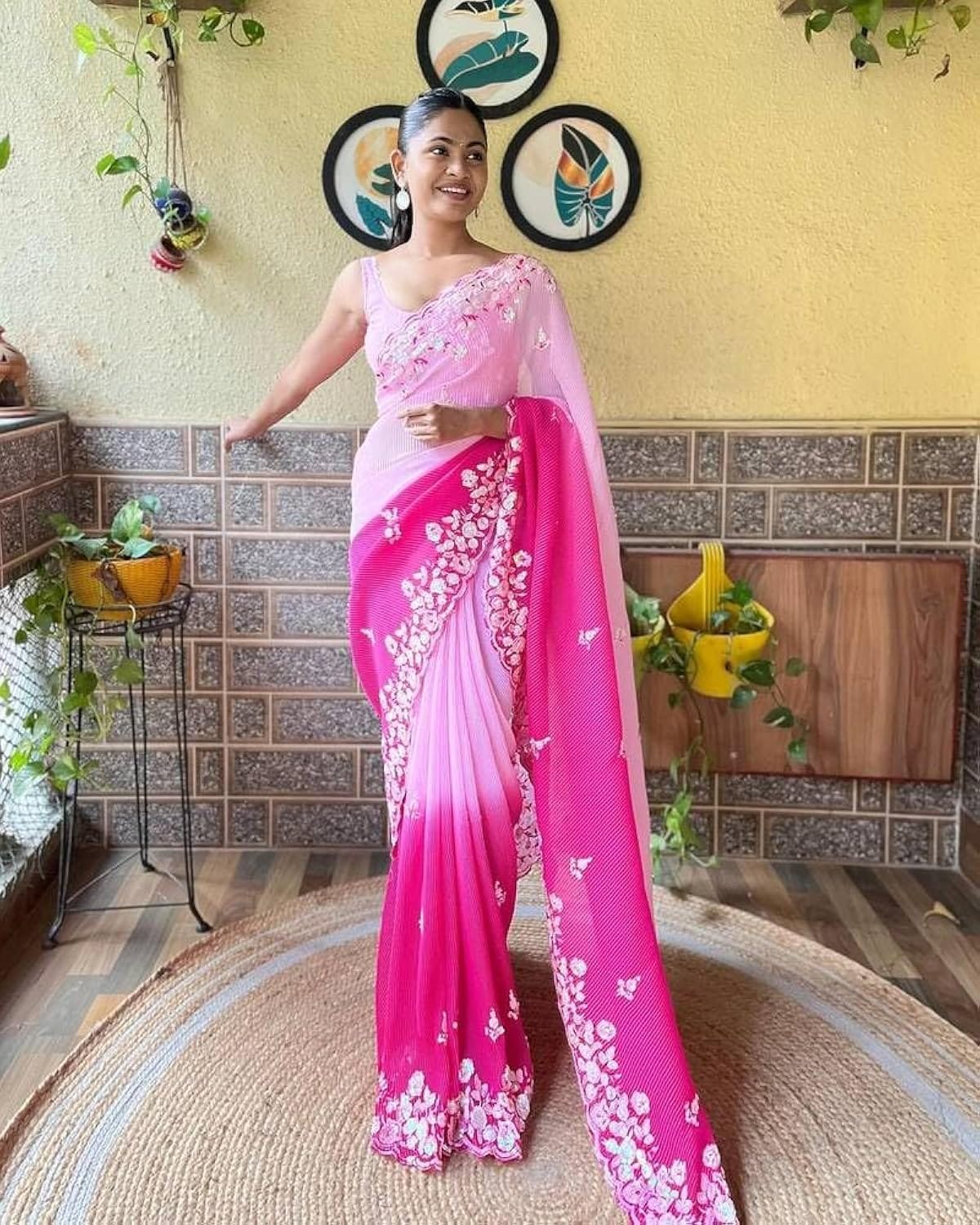 Vamika Embroidery Pink Georgette Bollywood Saree | Grocsy