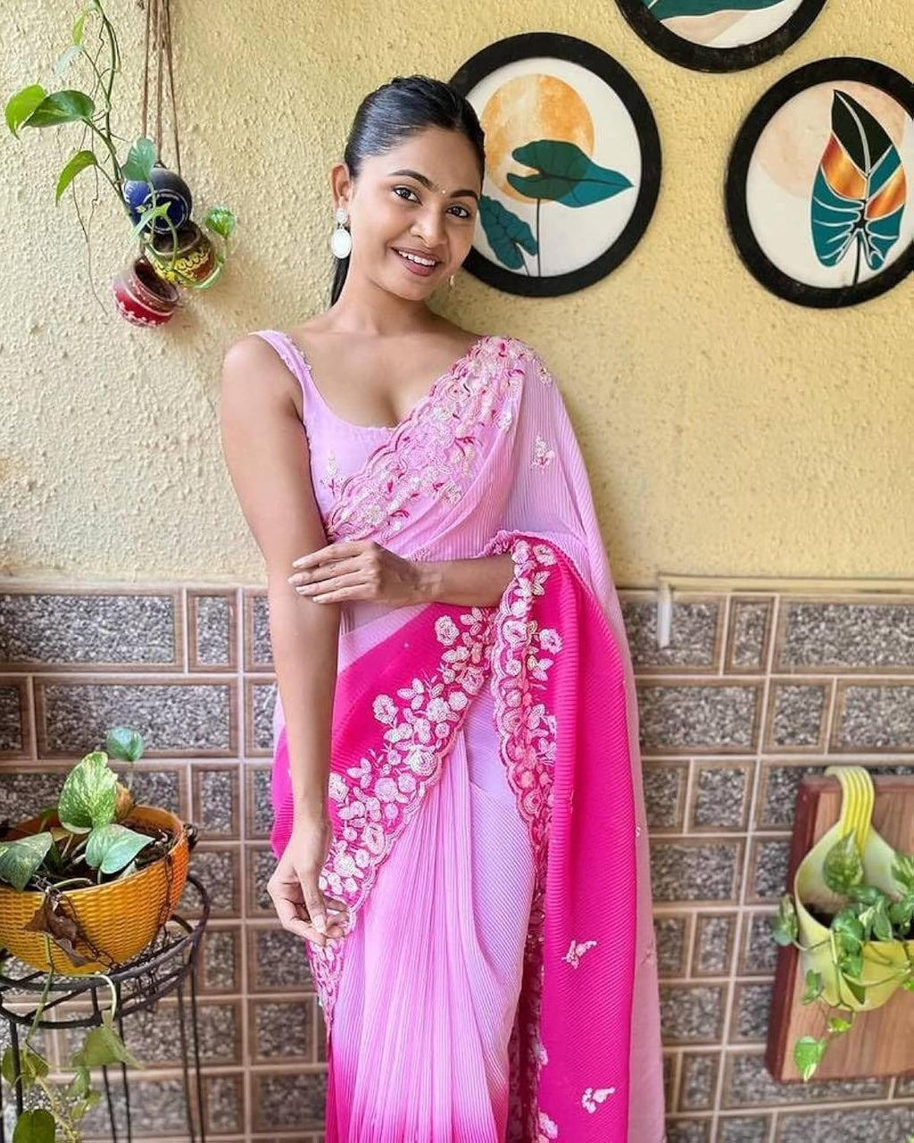 Vamika Embroidery Pink Georgette Bollywood Saree | Grocsy