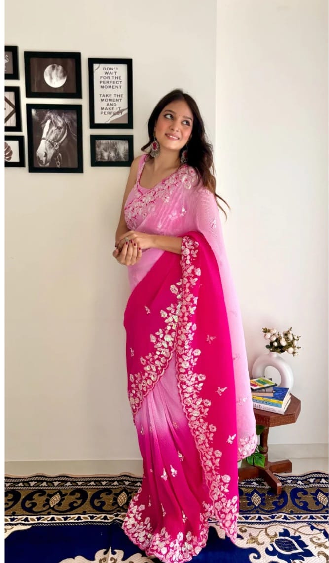 Vamika Embroidery Pink Georgette Bollywood Saree | Grocsy
