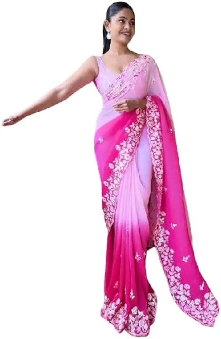Vamika Embroidery Pink Georgette Bollywood Saree | Grocsy
