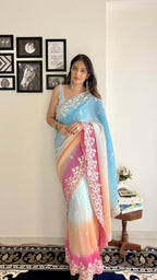 Vamika Embroidery Sky Blue Georgette Bollywood Saree | Grocsy