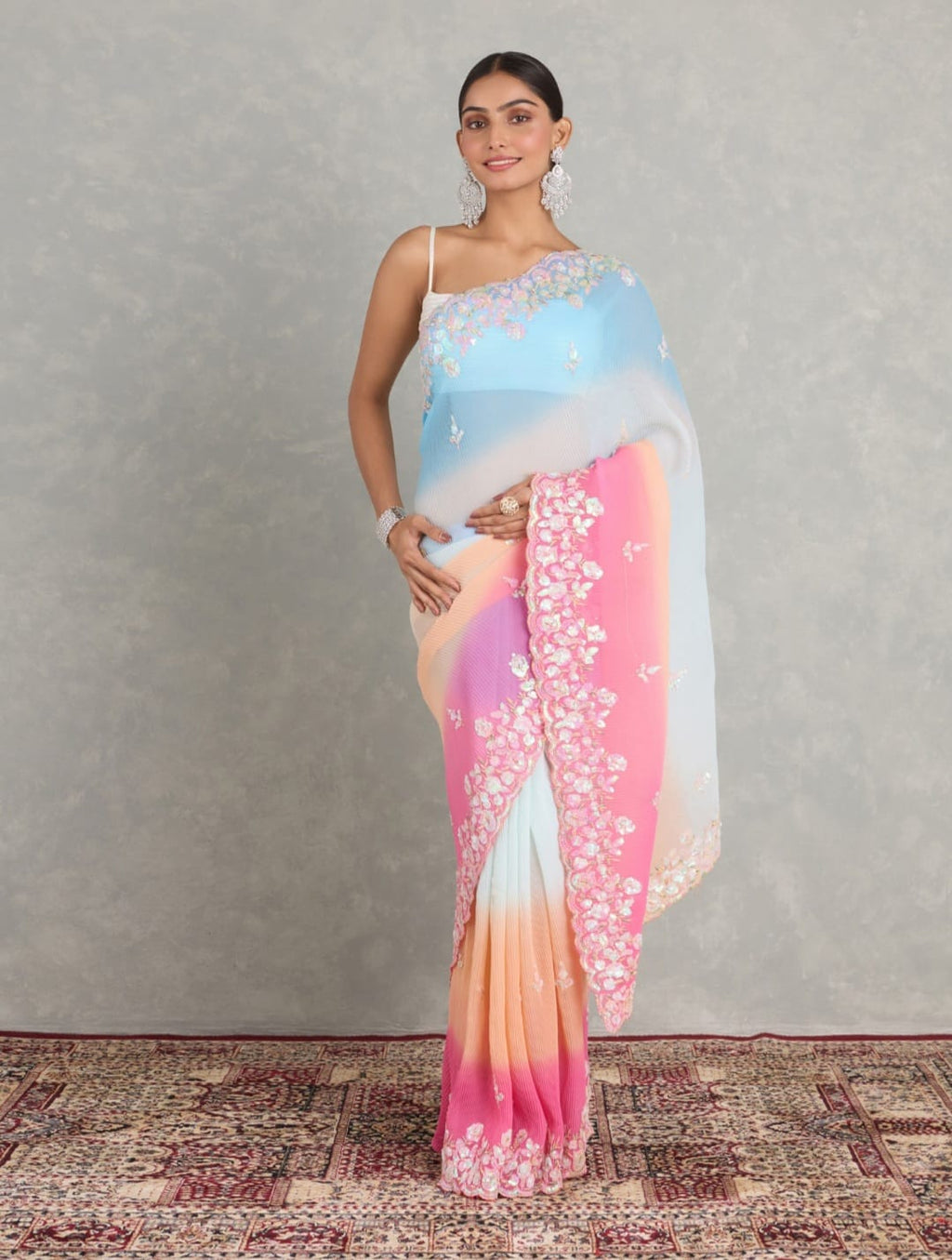Vamika Embroidery Sky Blue Georgette Bollywood Saree | Grocsy