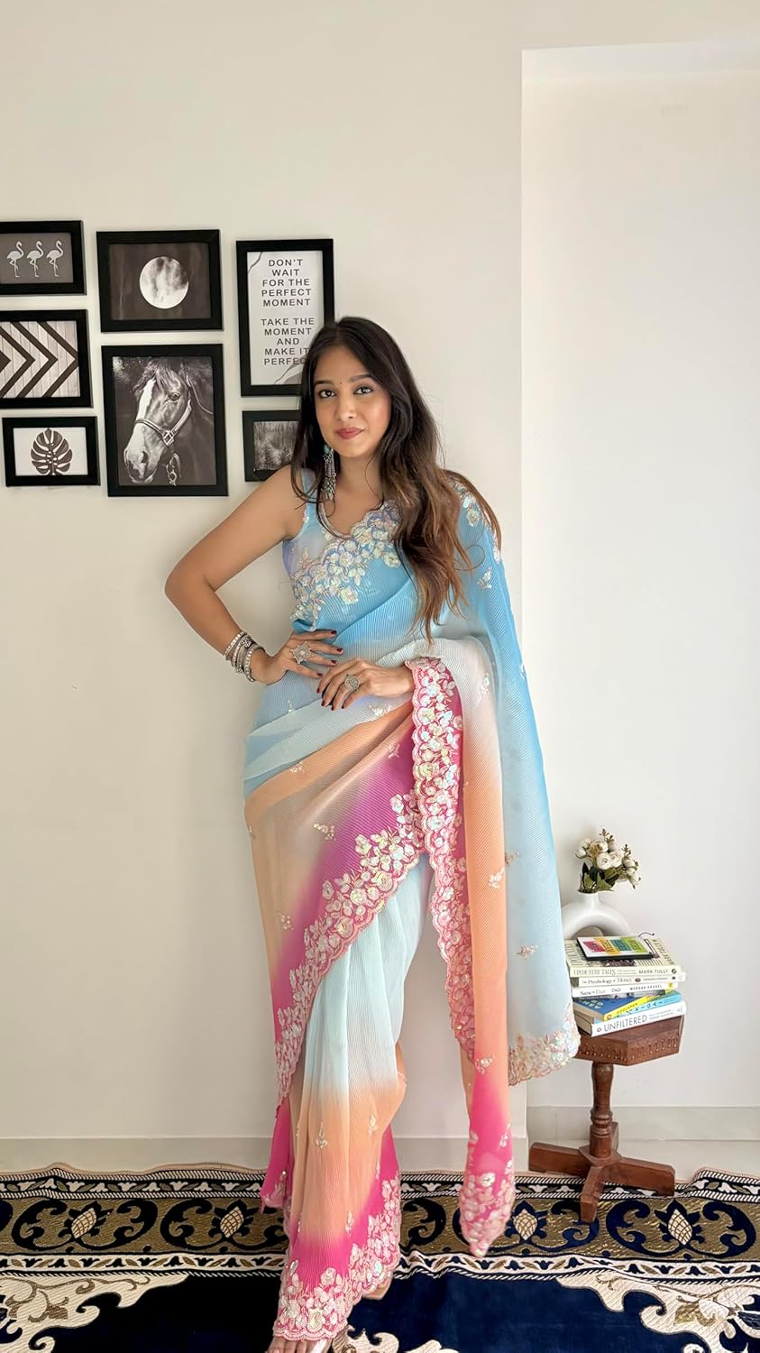 Vamika Embroidery Sky Blue Georgette Bollywood Saree | Grocsy