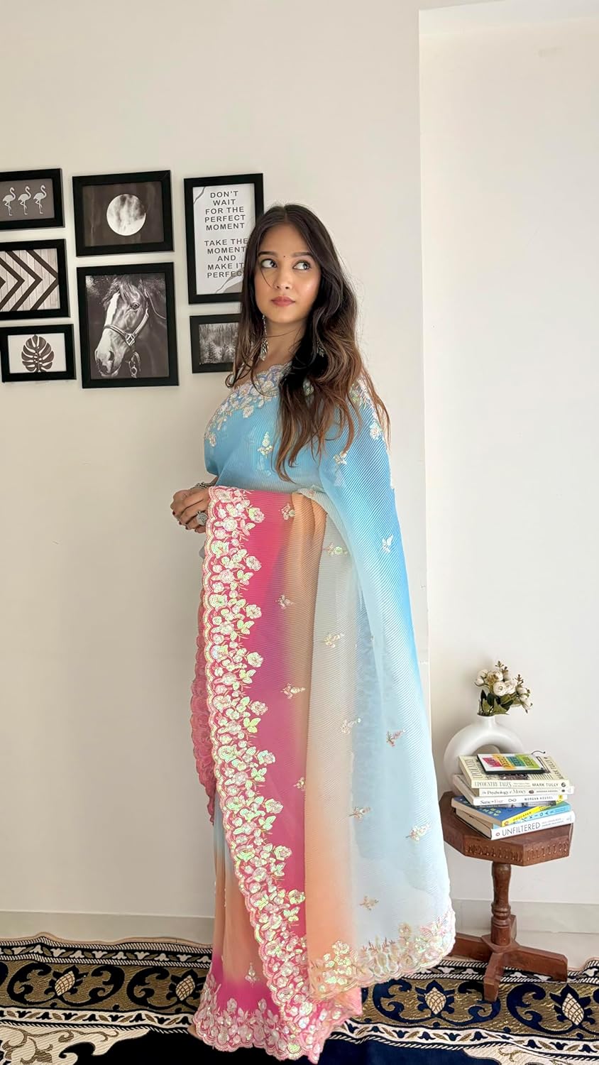 Vamika Embroidery Sky Blue Georgette Bollywood Saree | Grocsy