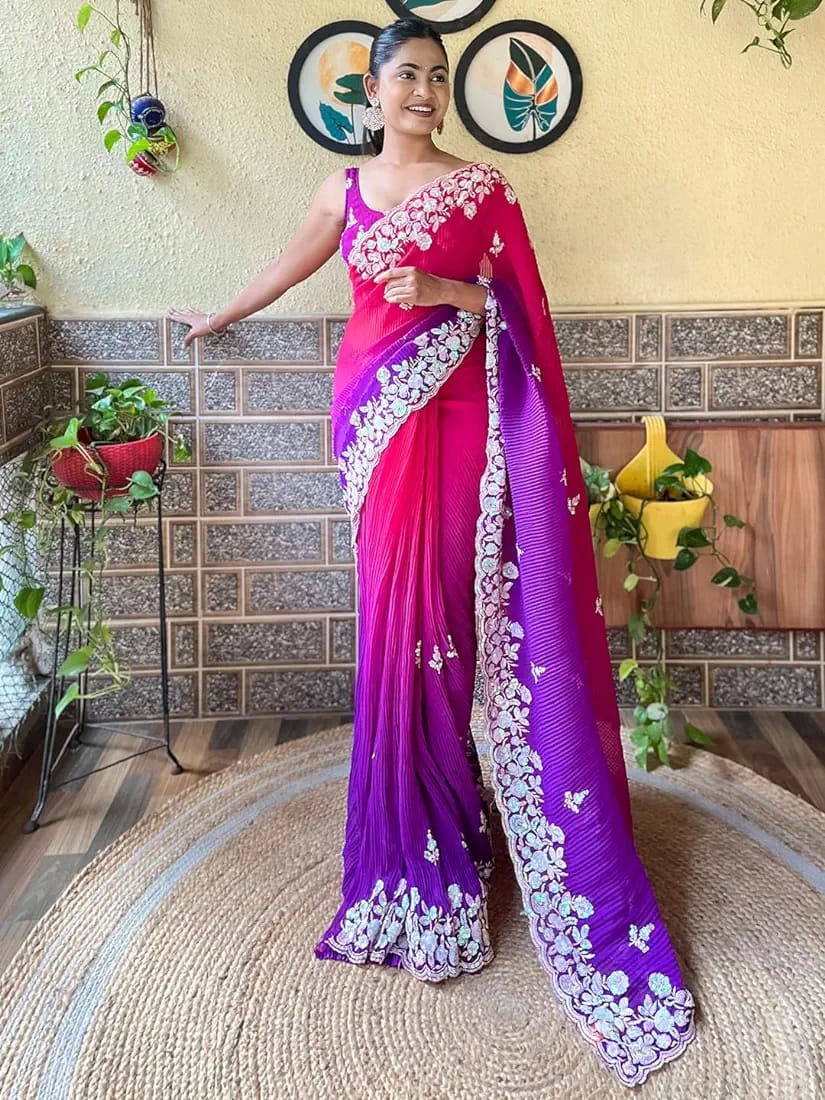 Vamika Embroidery Purple Georgette Bollywood Saree | Grocsy