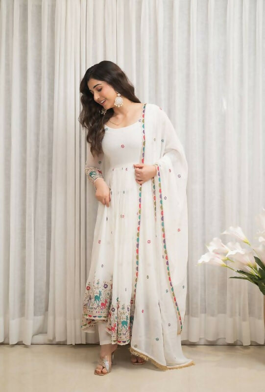 Joban Fashion White Georgette Sequence Embroidery Work Readymade Kurta Set | Grocsy