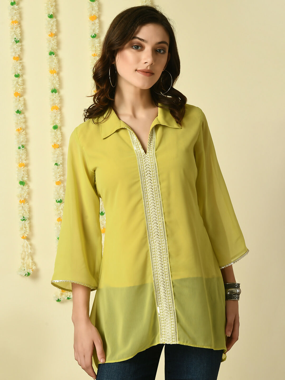 Myshka Women's Yellow Embroidered Party Fusion Top | Grocsy