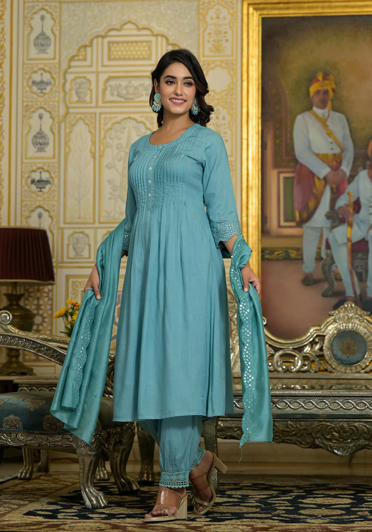Juniper Women's Sky Blue Mirror Embroidered Liva Rayon Kurta Pant And Dupatta Set With Lace & Button Detail | Grocsy