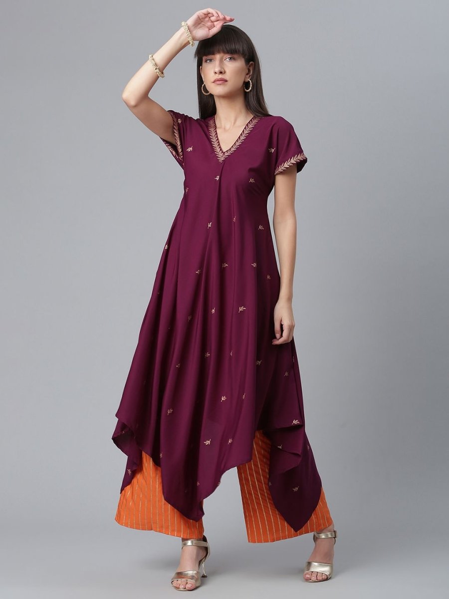 Ahalyaa Women Wine Crepe Glitter Print Kimono Style Kurta With Palazzo | Grocsy