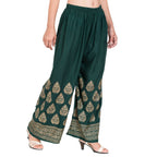PAVONINE Bottle Green Color Golden Printed Rayon Fabric Sharara For Women & Girls | Grocsy