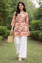 Teeya Creation Womens New Trendy Orange Flower Floral Printed Short Kurti with Beige Palazzo Set | Grocsy