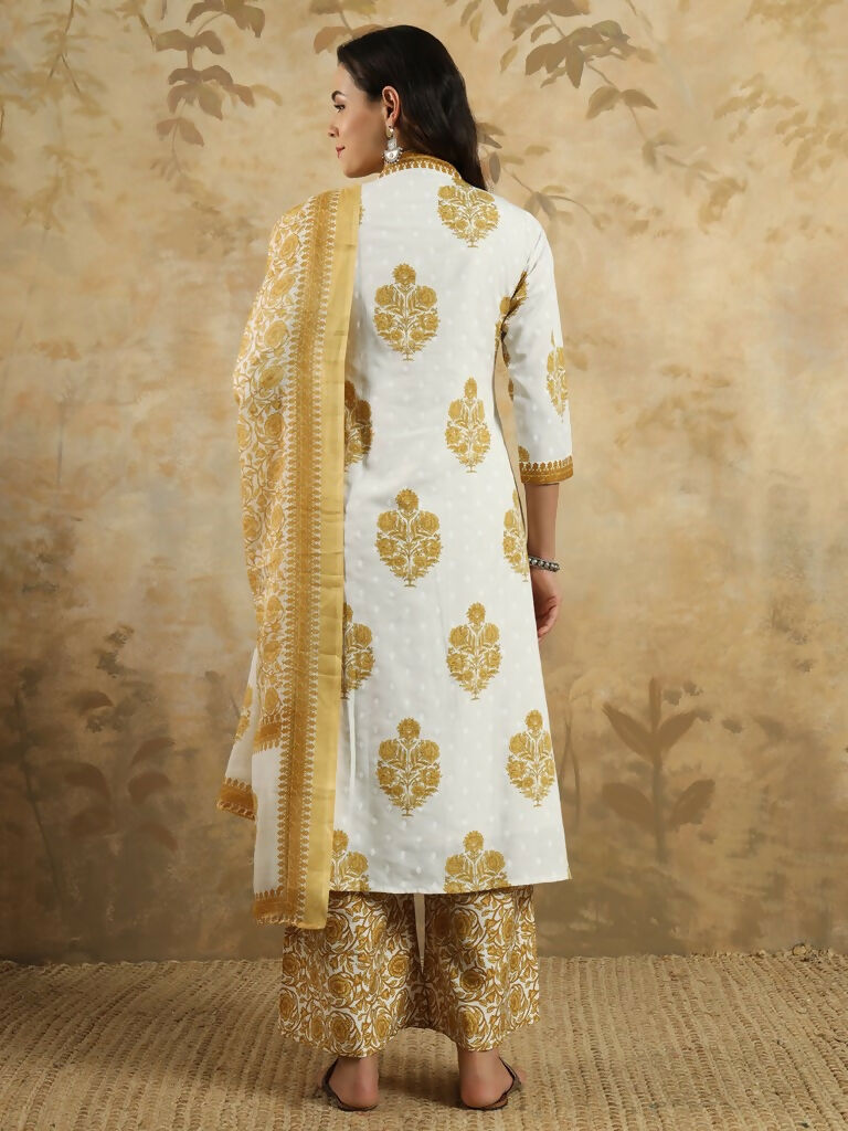 Yellow Cotton Blend Printed Anarkali Suit with Dupatta - Rashmika | Grocsy
