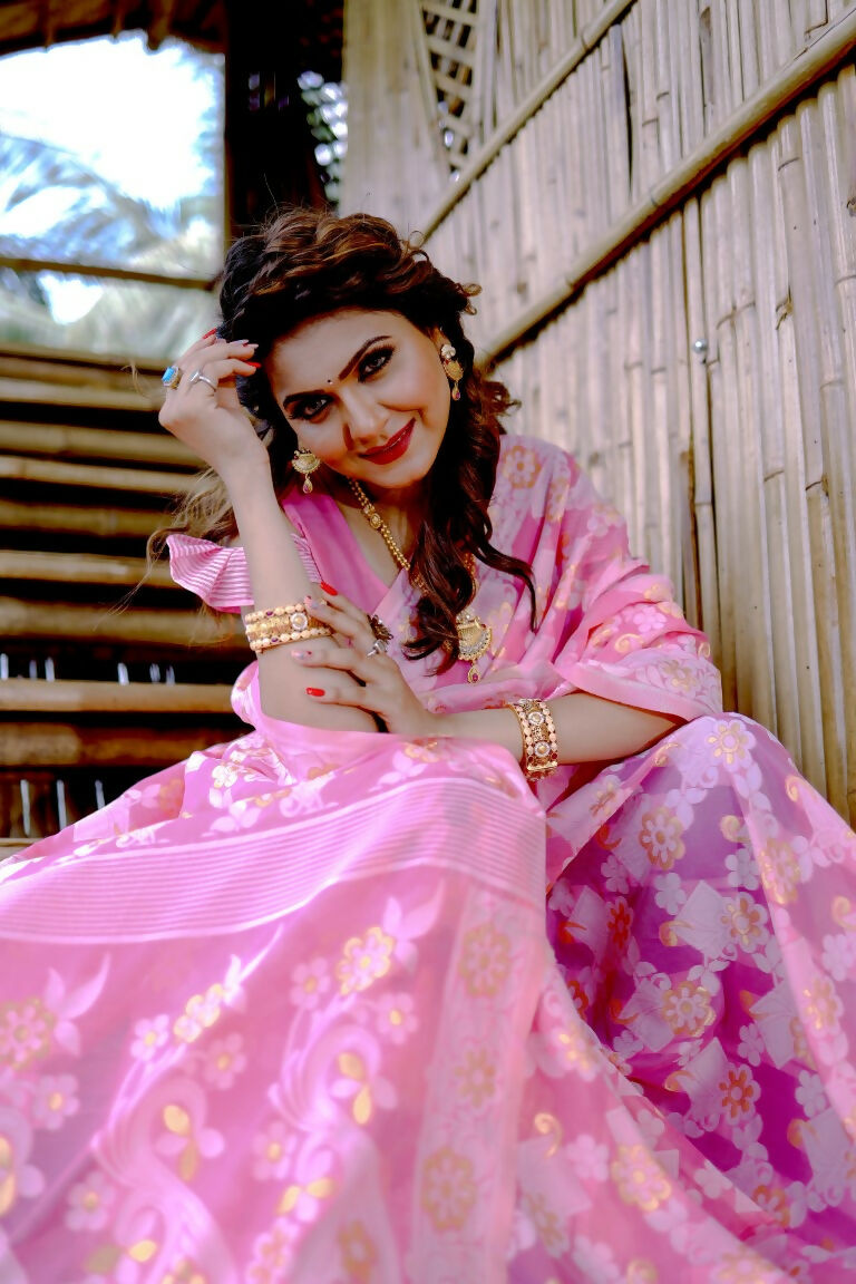 Partywear Designer Pink Jamdani contton Fancy Saree - Starwalk | Grocsy