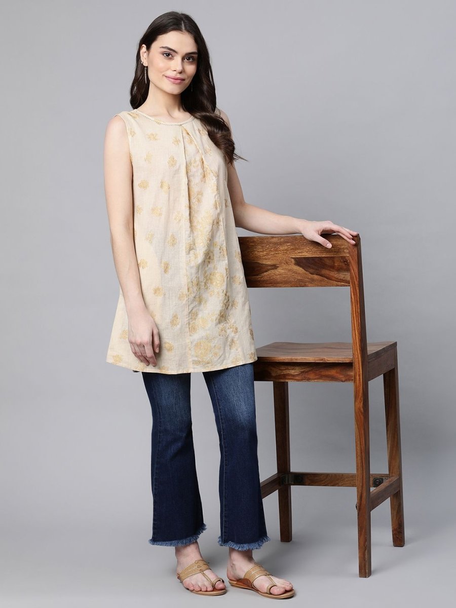 Ahalyaa Women Beige Pure Cotton Floral Printed Tunic | Grocsy