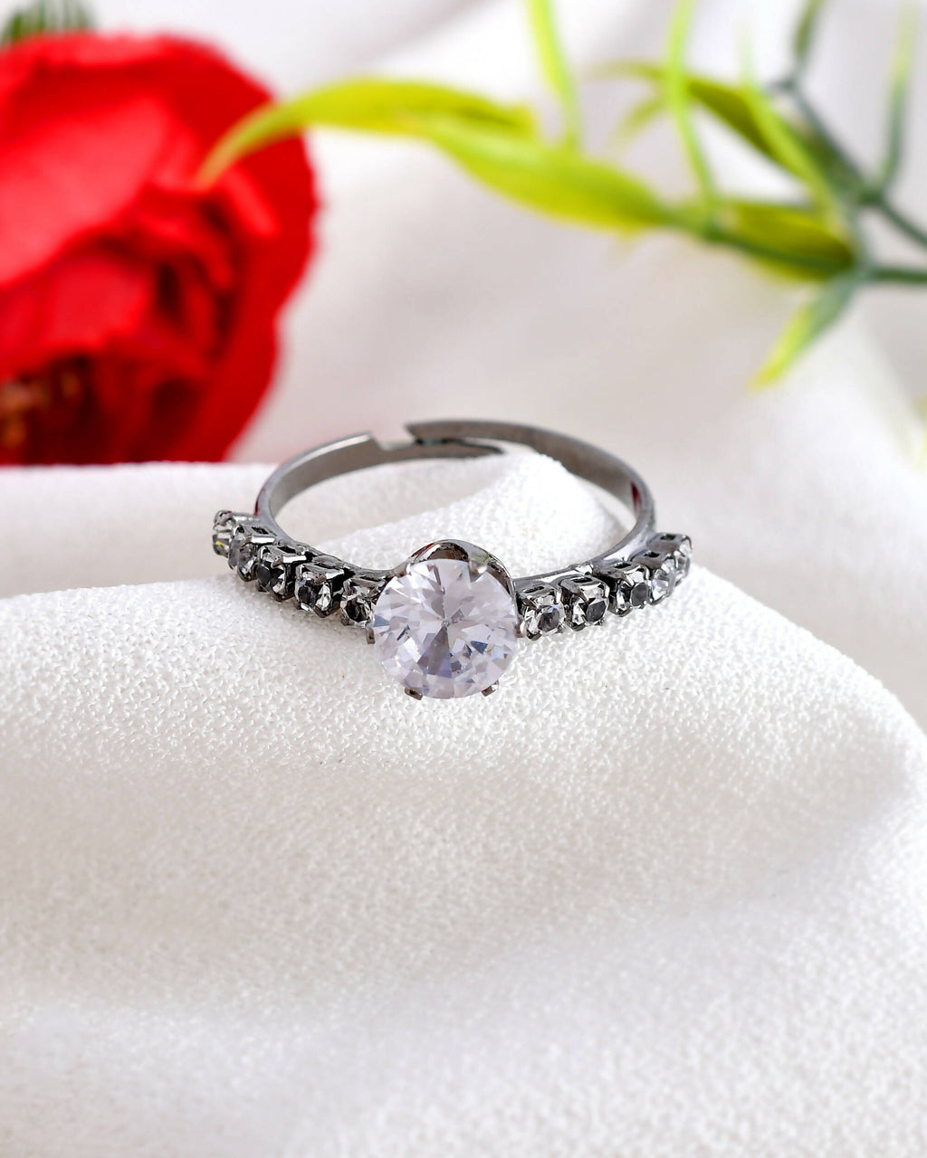 VOJ white CZ-detail Stainless Steel Cubic Zirconia Rhodium Plated Adjustable Finger Ring | Grocsy