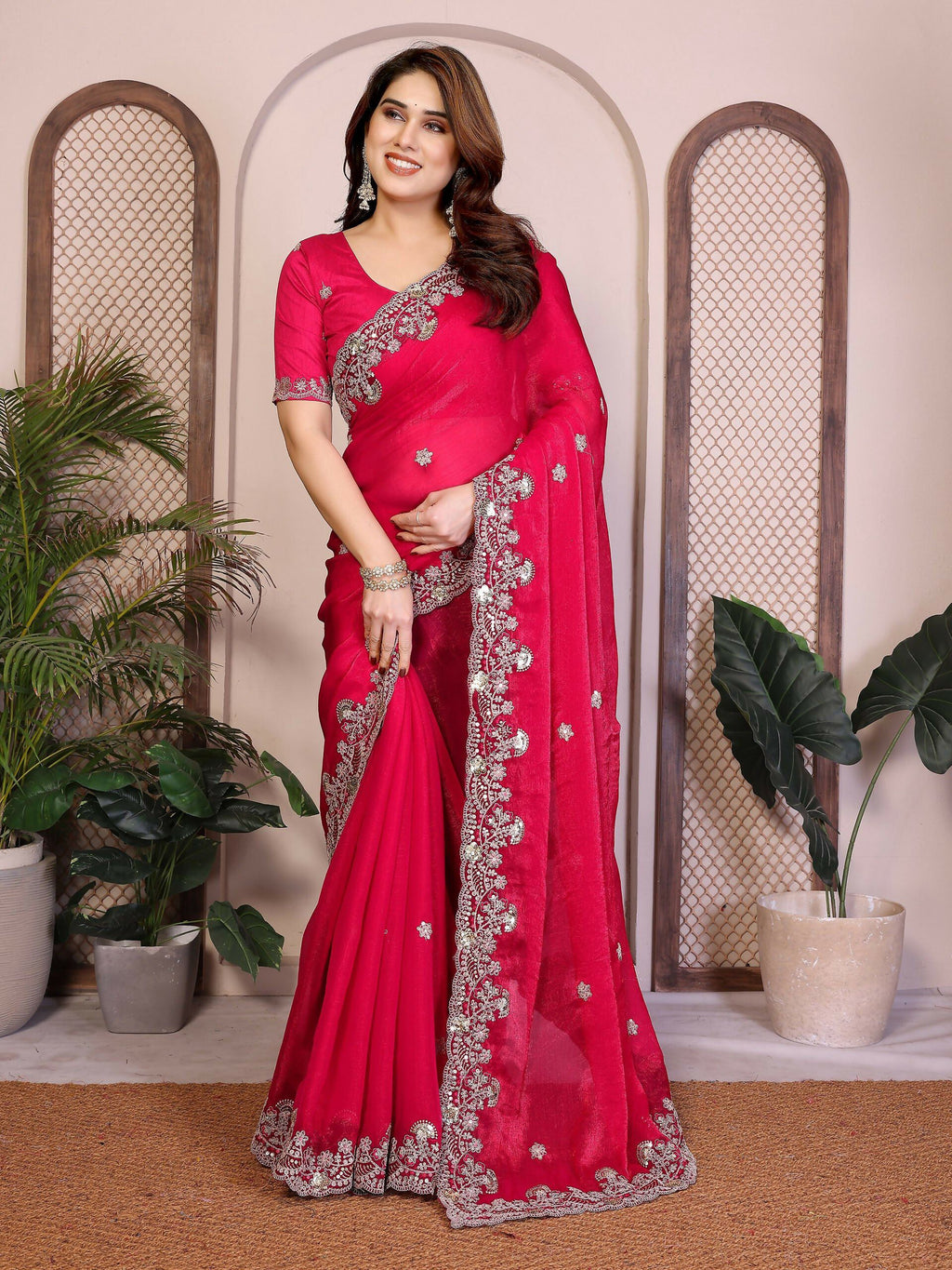 Teeya Creation New Womens Latest Party Wear Soft Chiffon Silk Saree-Pink | Grocsy
