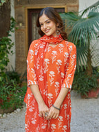 The52 Orange Women's Beautiful Cotton Blend Fabric Printed Work Straight Kurta, Pant and Dupatta Set | Grocsy