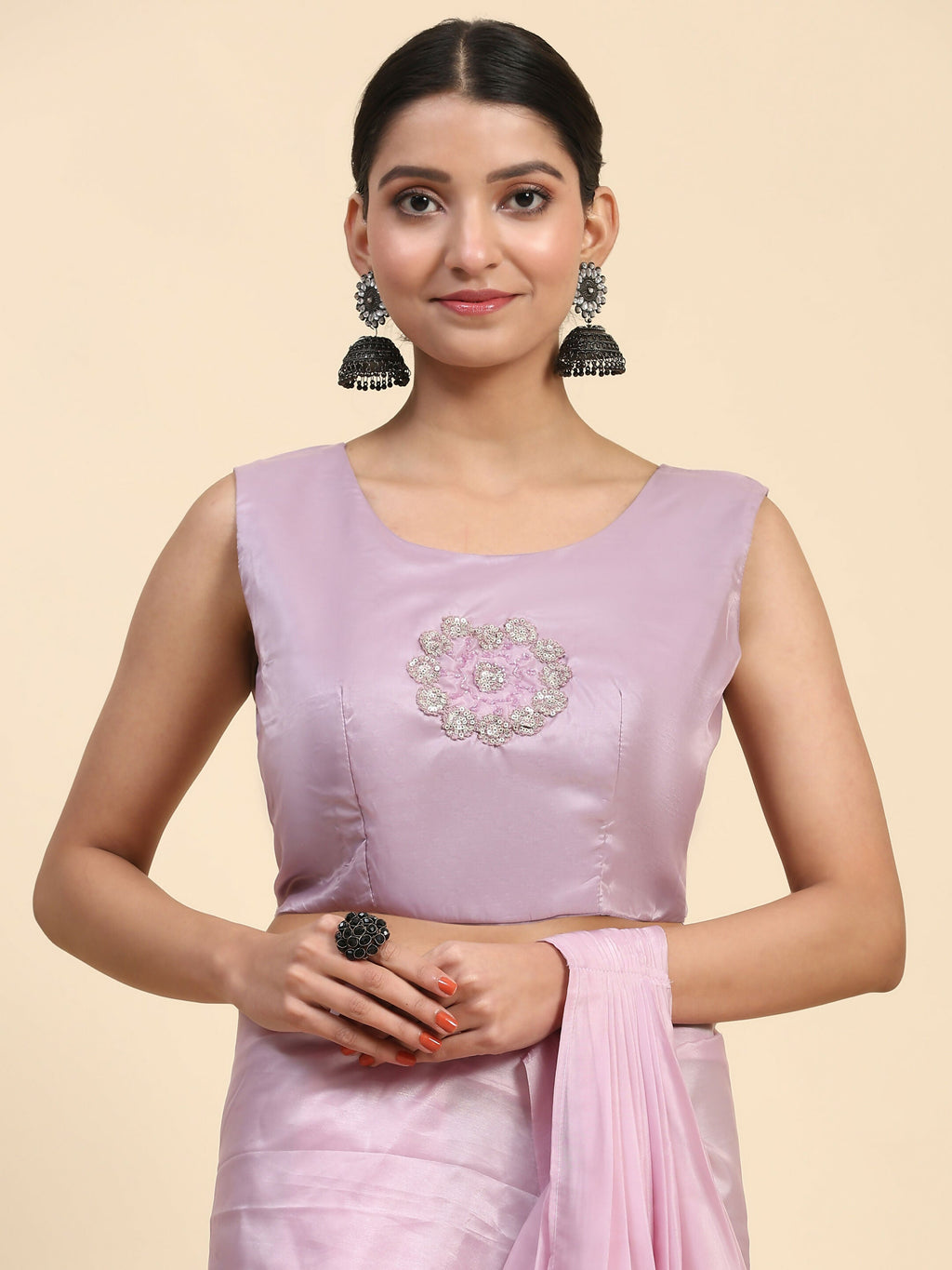 Light Lavendar Satin Solid Ready to wear Saree with stitched Blouse - Vanita | Grocsy