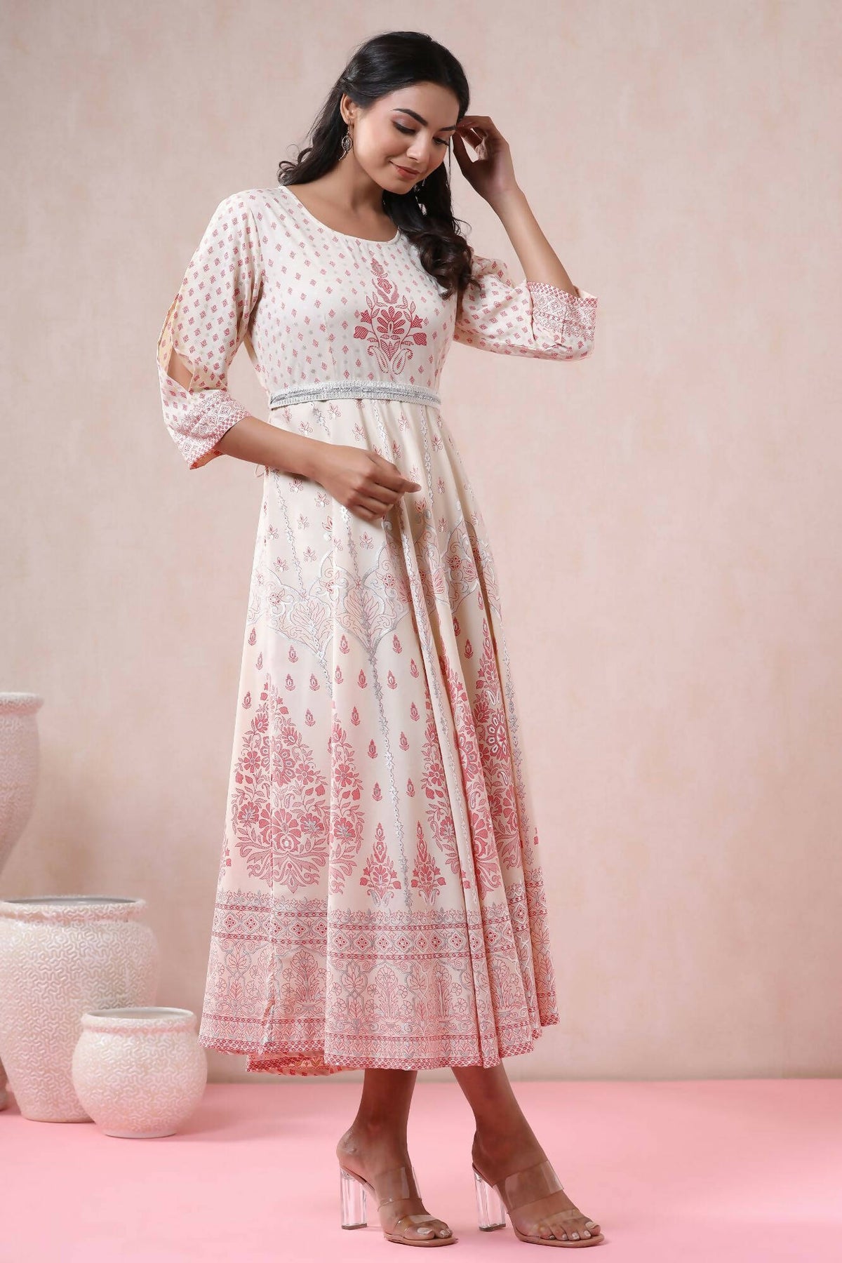 Juniper Women Ivory American Crepe Printed Flared Dress | Grocsy