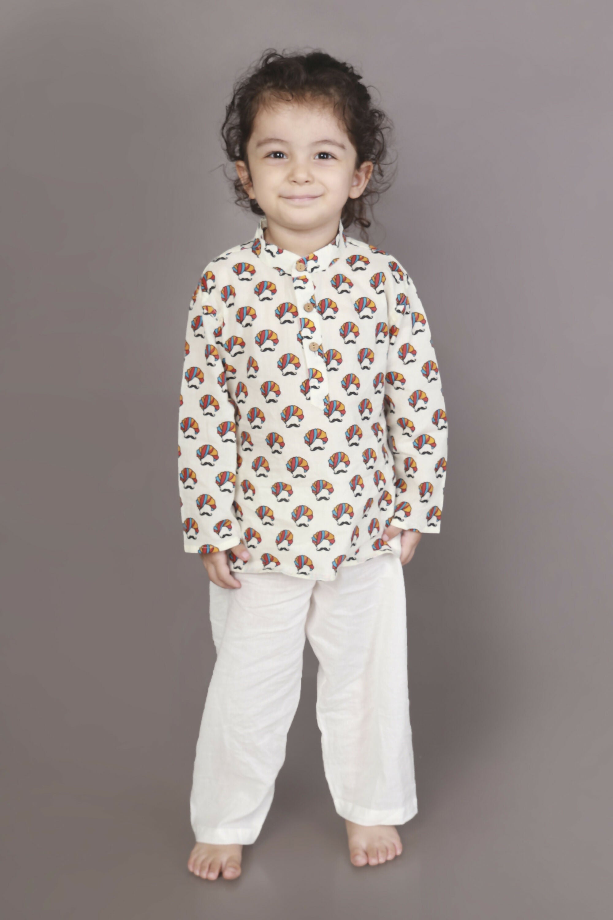 Breathables Kids Cotton Night Suit – White Turban Print Kurta & Pyjama Co-Ord Set For Boys & Girls | Grocsy