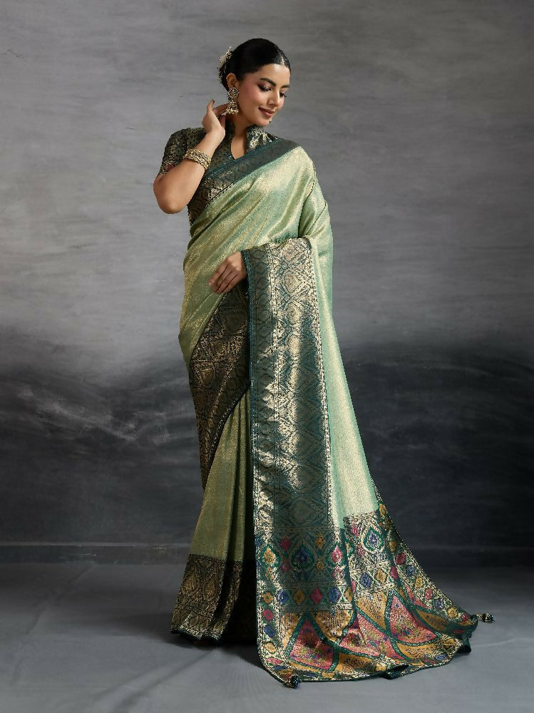 PR Fashion Grey Kanjivaram Soft Silk Kadiyal Pattern Double Zari Woven Patta, Meenakari Woven Pallu Saree | Grocsy